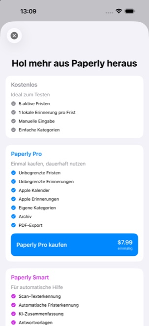 Paperly Optionen auf dem iPhone